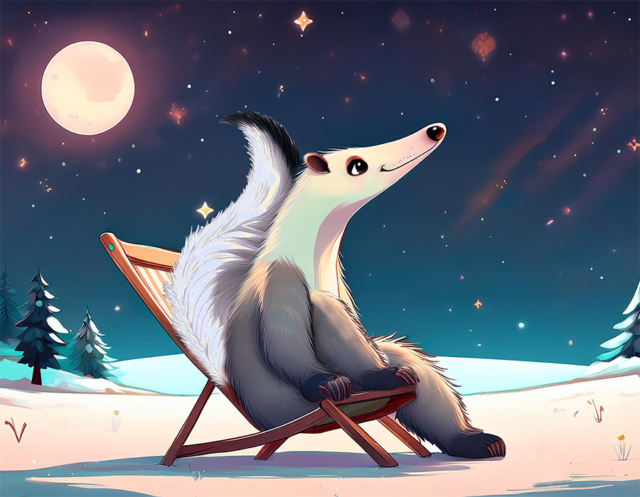 Happy Holidays - Image of cute anteater dreamily looking up at the night stars in the winter